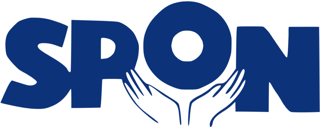 Obrazek przedstawiający logotyp Stowarzyszenia Pomocy Osobom Niepełnosprawnym. Składa się z liter S P O N. Litera O jest trzymana przez dłonie. Całość jest w kolorze niebieskim.